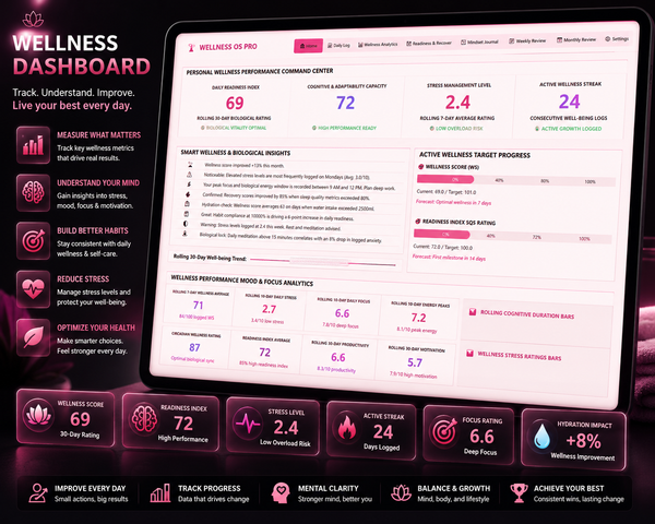 Wellness Dashboard | Excel & Google Sheets | Health & Wellbeing Tracker