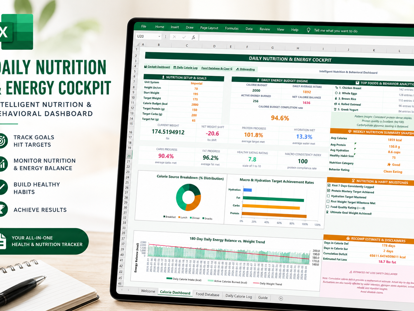 Calorie Dashboard | Excel & Google Sheets | Calorie & Food Tracker