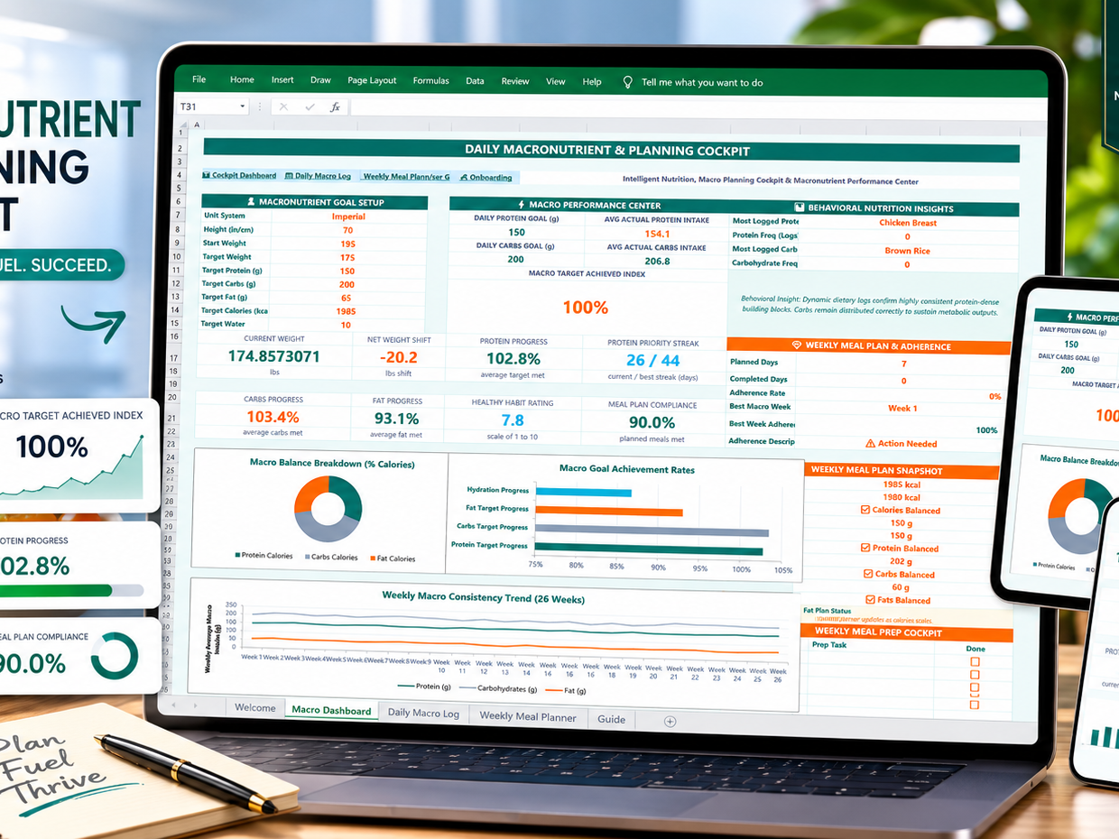 Macro Tracker | Excel & Google Sheets | Macronutrient Counter & Meal Planner