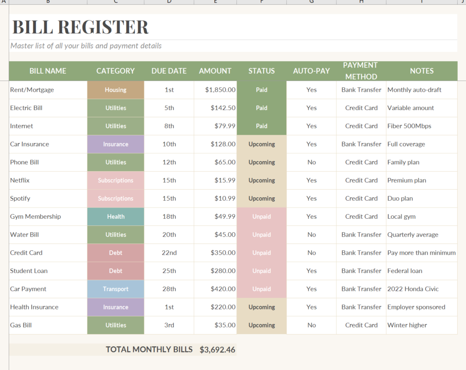 Bill Payment Calendar View Excel
