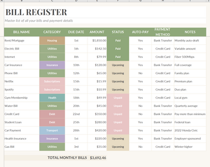 Bill Payment Calendar View Excel