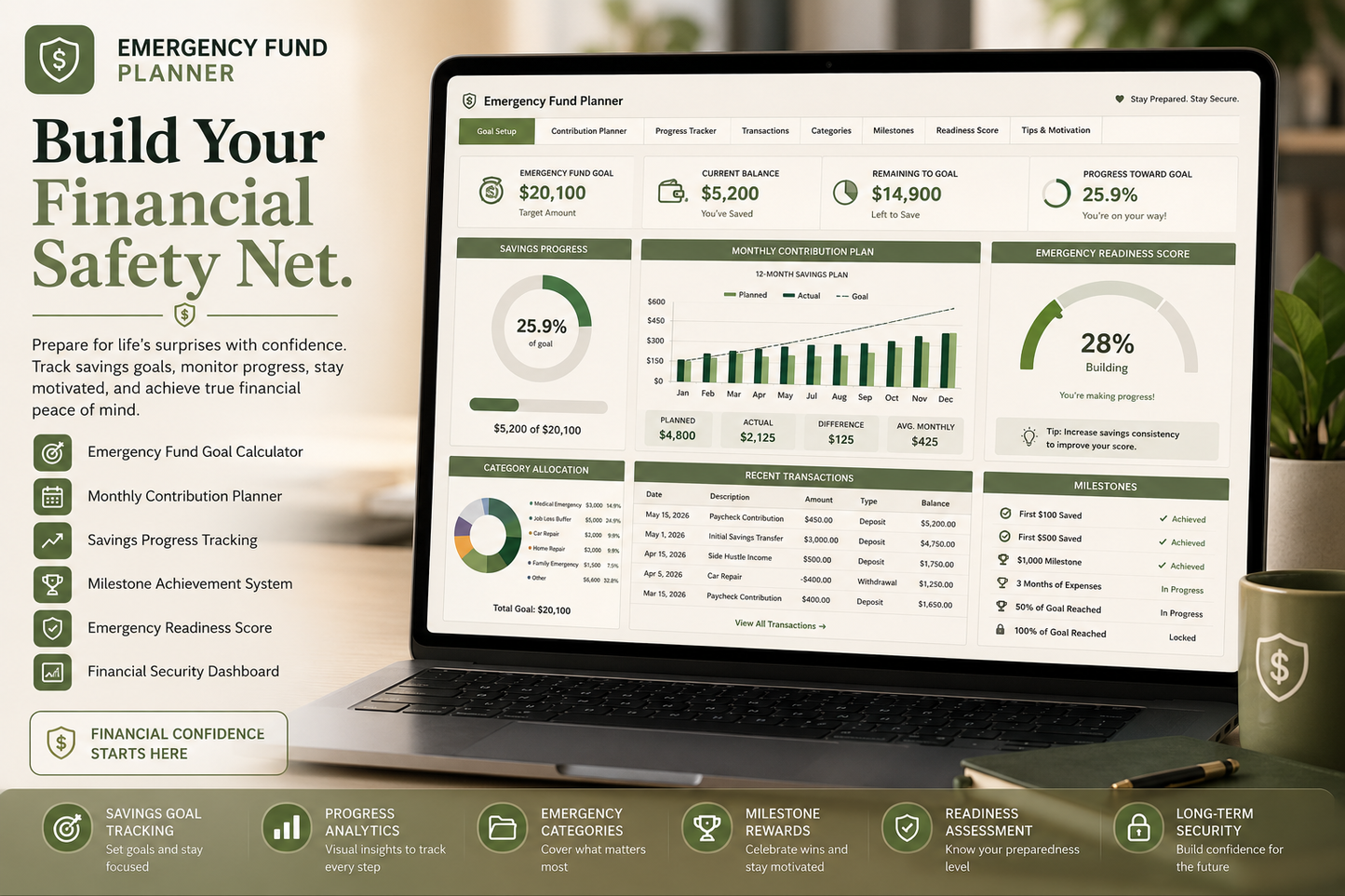 Emergency Fund Planner | Savings Goal Tracker | Excel & Google Sheets Template